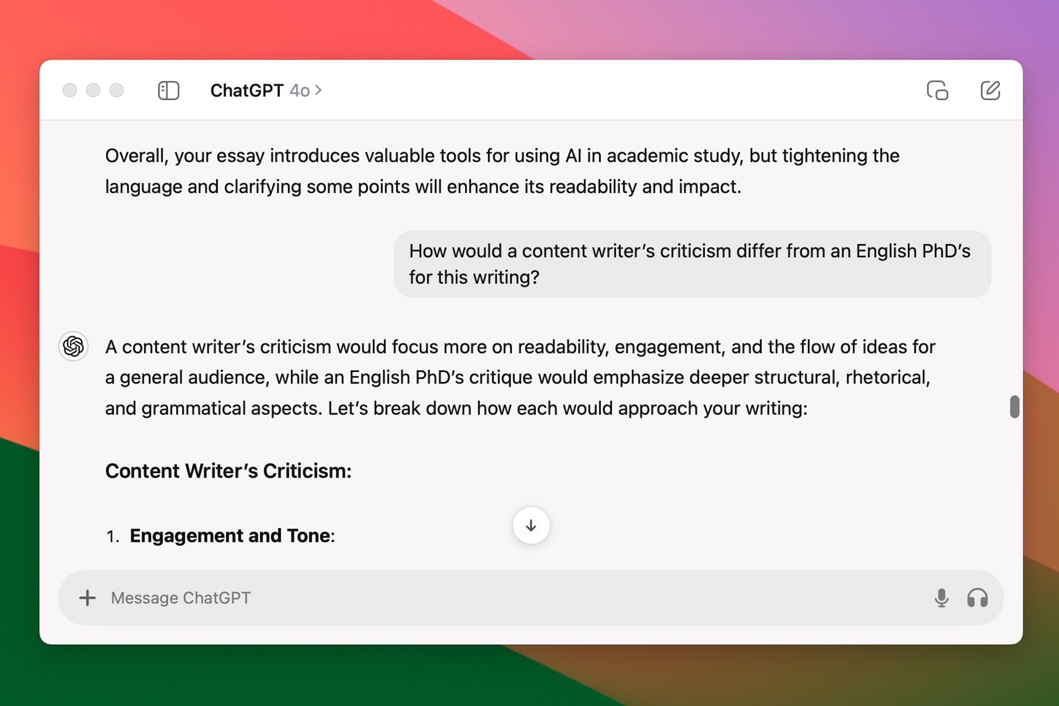 ChatGPT providing feedback on a writing sample in a dialogue over multiple perspectives