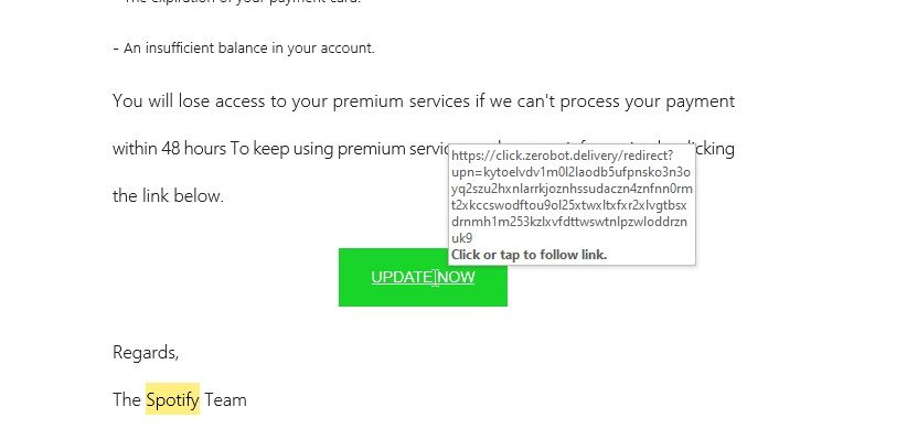 fake spotify account alert email phishing scam url rollover example