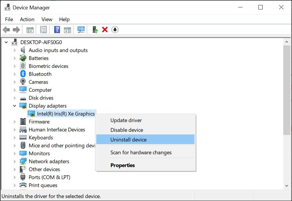 uninstall graphics driver in Device Manager