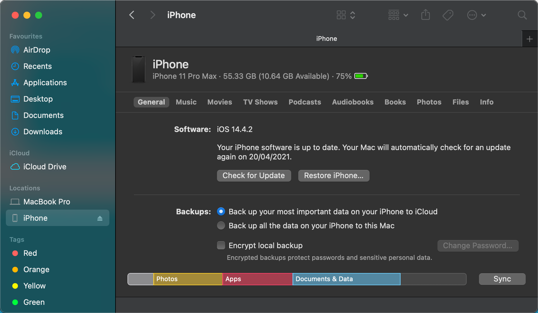 The option to reset your iPhone on Mac