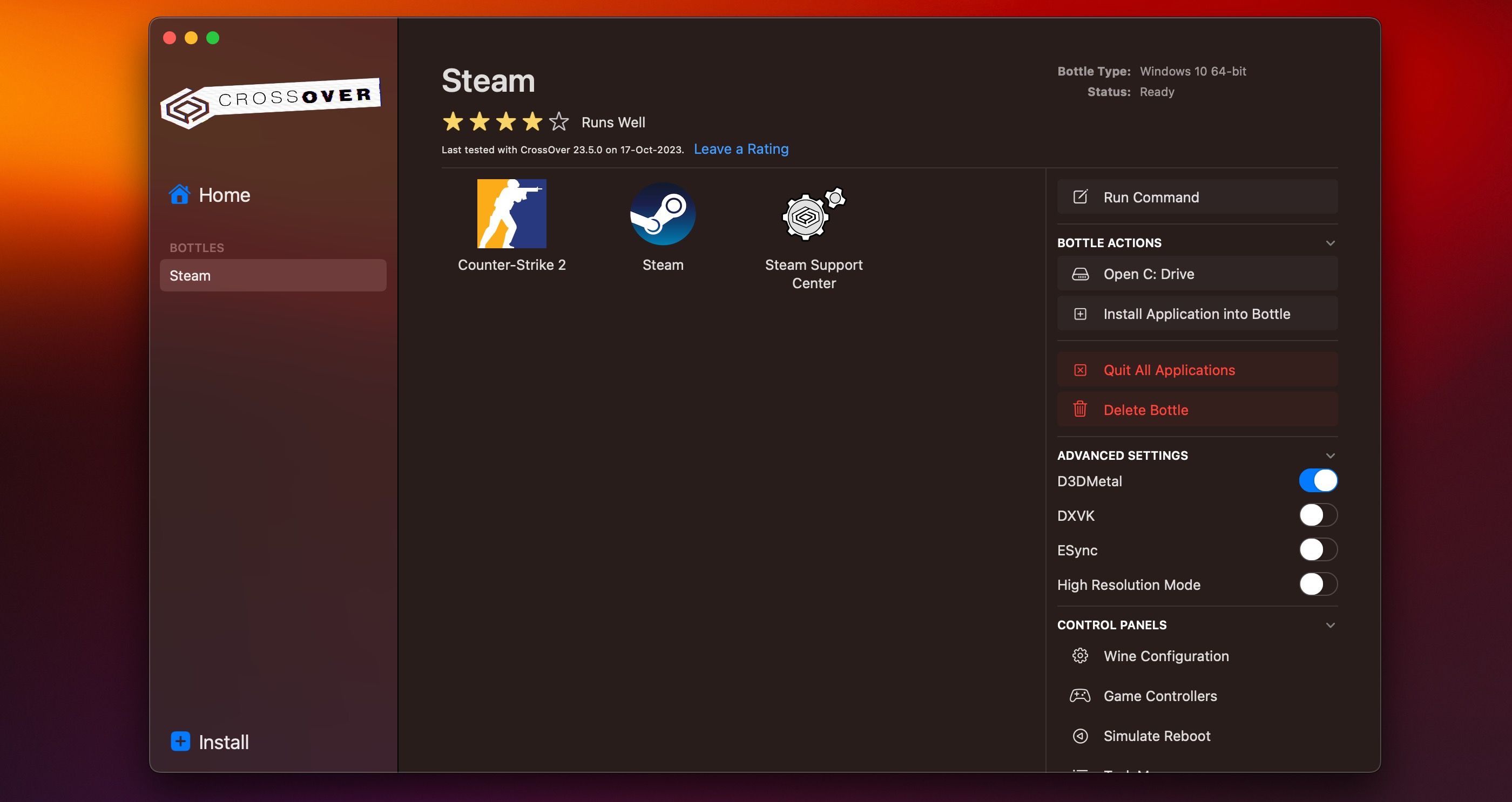 CrossOver Steam bottle configuration settings page