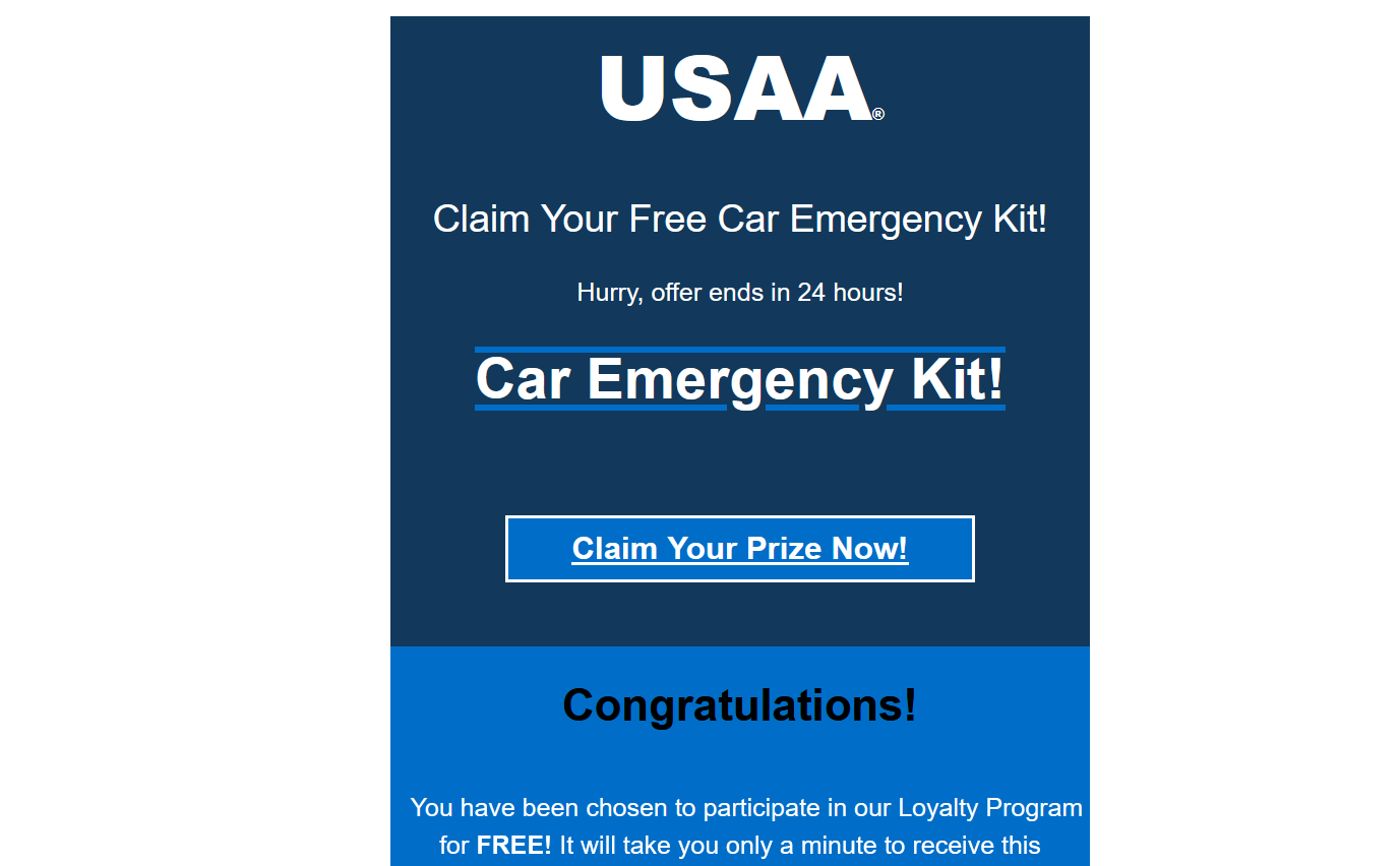 A banner ad rom a scam email claiming a user has won a "Free Car Emergency Kit" from USAA