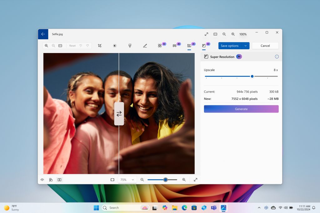 Microsoft Photos shows a Super Resolution tool which enhances the quality of a selfie of three friends